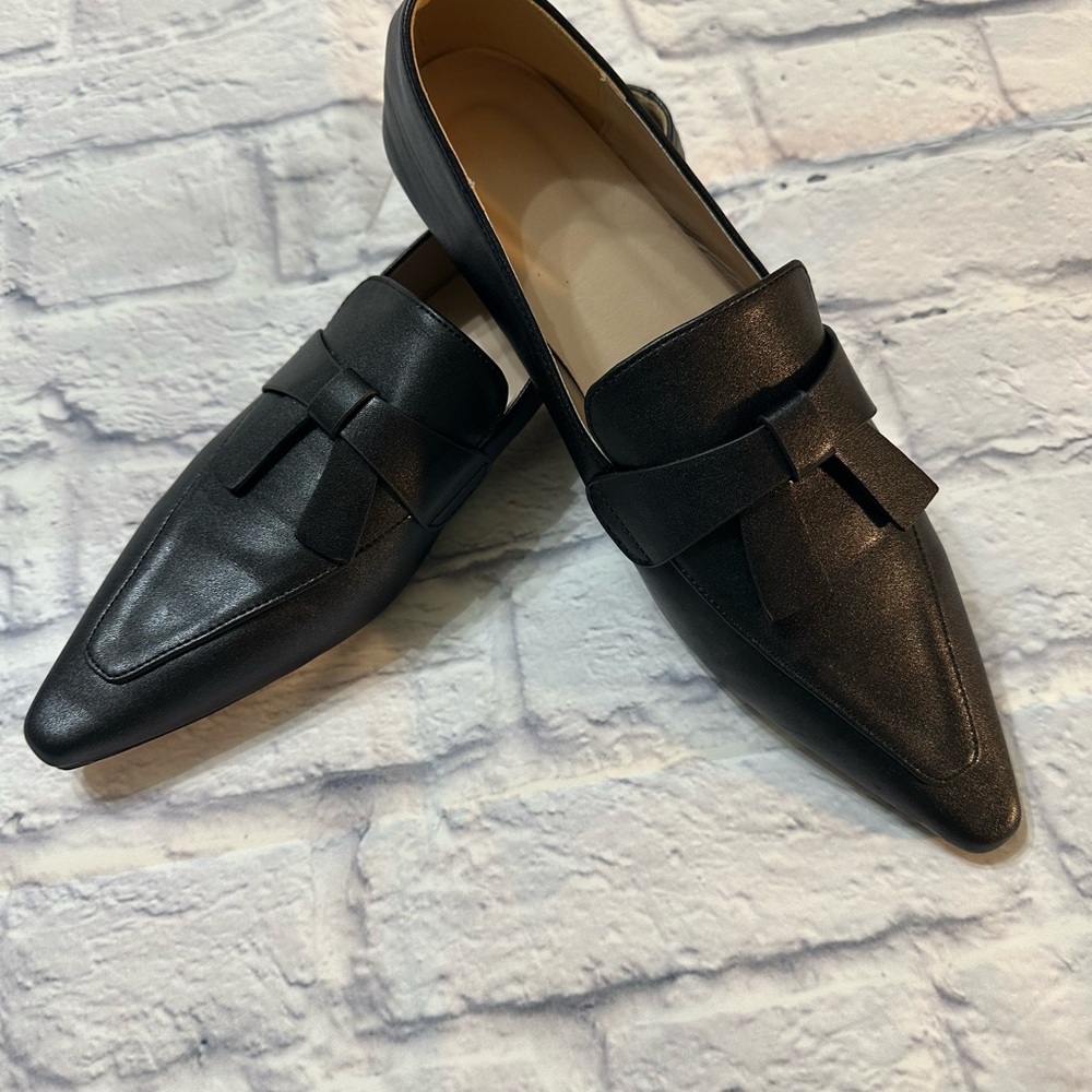 Black Leather Loafers with Bow Detail